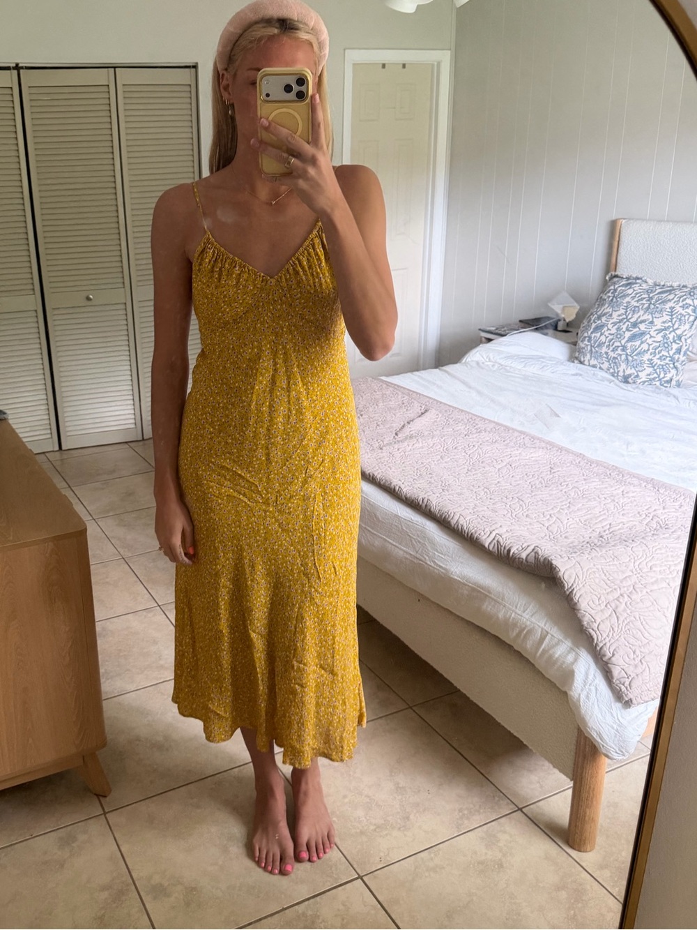 Mustard Yellow Floral Slip Midi Dress - Women's